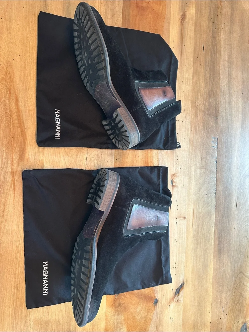 Magnanni Black Suede Chukka Boots with Brown Pull Tabs